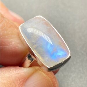 Blue Fire Moonstone Ring Size 7 in Solid Sterling Silver 925